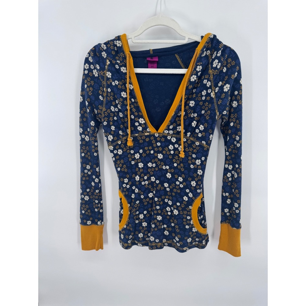 Vintage Floral Thermal Top Hood Blue Yellow V-Neck Waffle Knit Babydoll Y2k Sz S